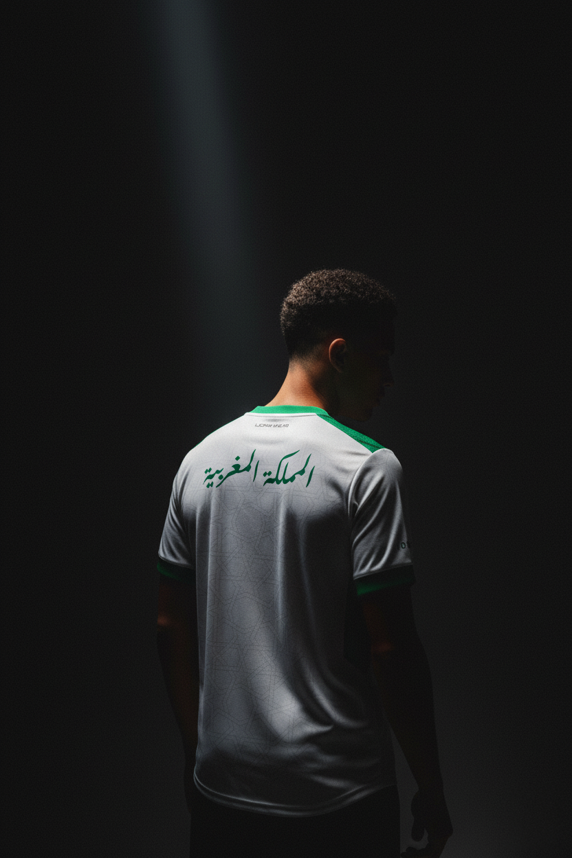Back view of a Moroccan supporter wearing the Lions Wear Moroccan AURA jersey with Arabic ‘Kingdom of Morocco’ design, dramatic spotlight on dark background — CAN 2025 apparel.