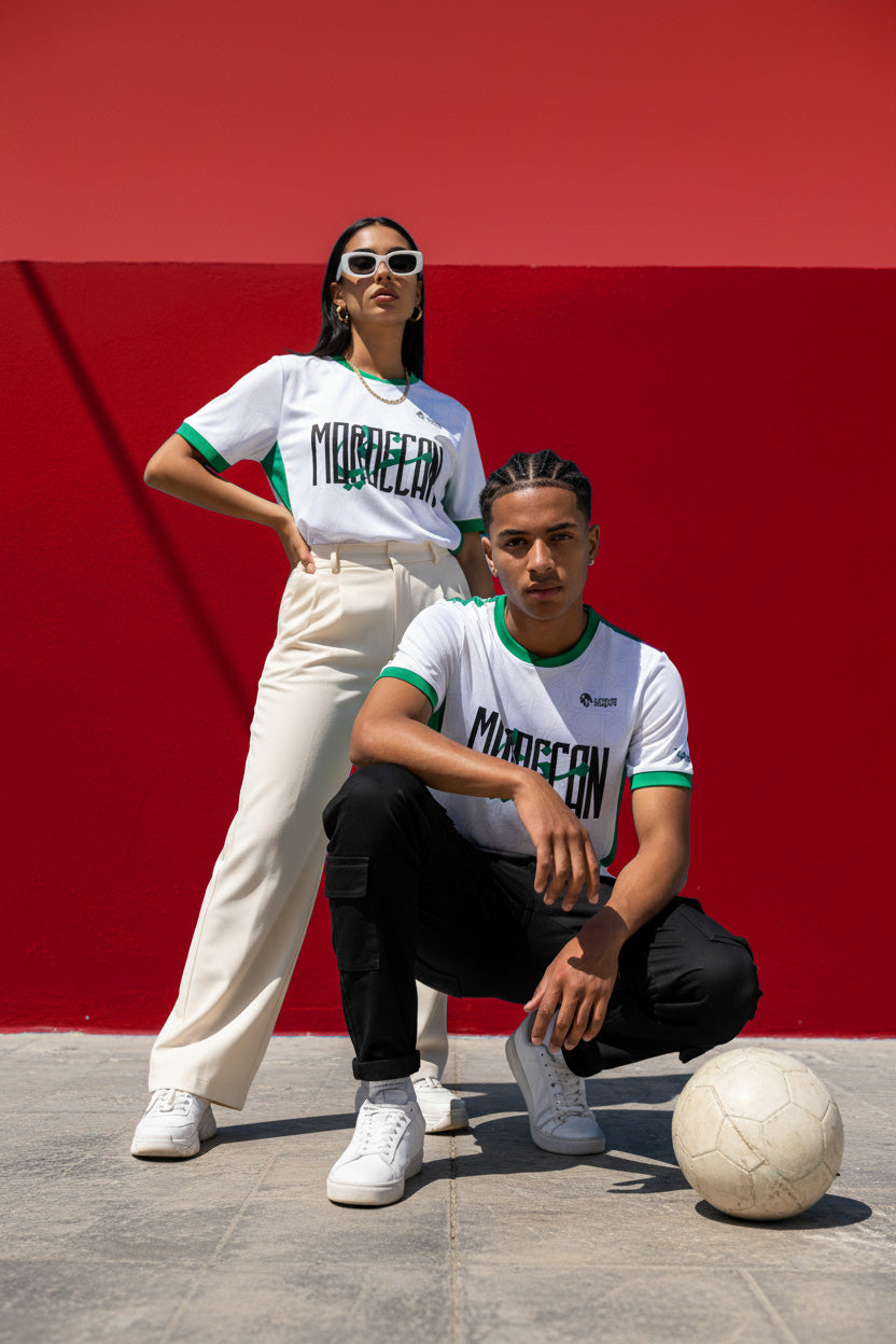 Man and woman wearing Lions Wear Moroccan AURA jerseys in front of a red wall, football at their feet — Moroccan supporter fashion for CAN 2025.