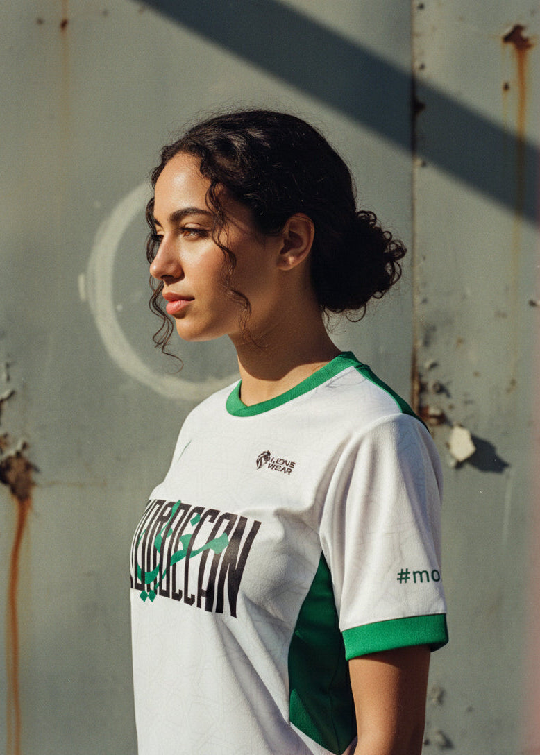 Portrait of a young Moroccan woman wearing the Lions Wear Moroccan AURA jersey in an urban setting, supporter apparel for CAN 2025.
