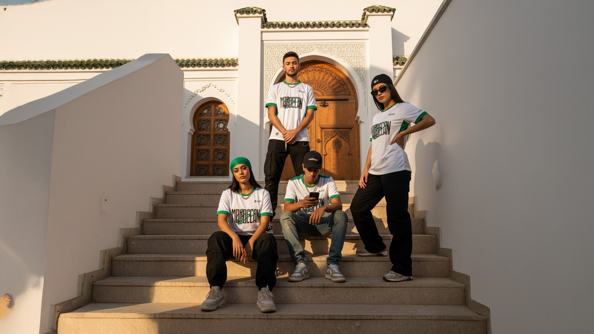 Group of Moroccan youth wearing Lions Wear Moroccan AURA white and green jerseys, streetwear style in front of a Moroccan architectural entrance — CAN 2025 supporter apparel.