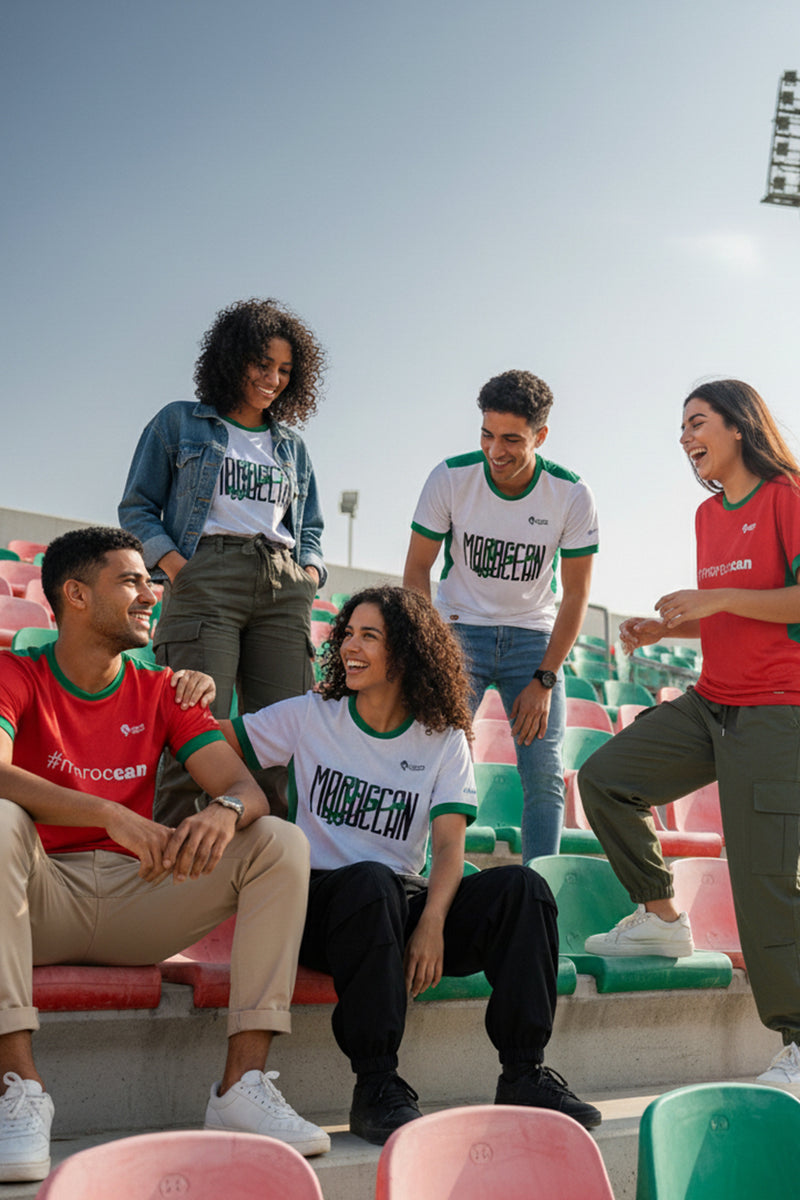Group of Moroccan friends wearing Lions Wear Moroccan AURA and Red Flow jerseys, sitting in a stadium and laughing — football supporter apparel for CAN 2025.