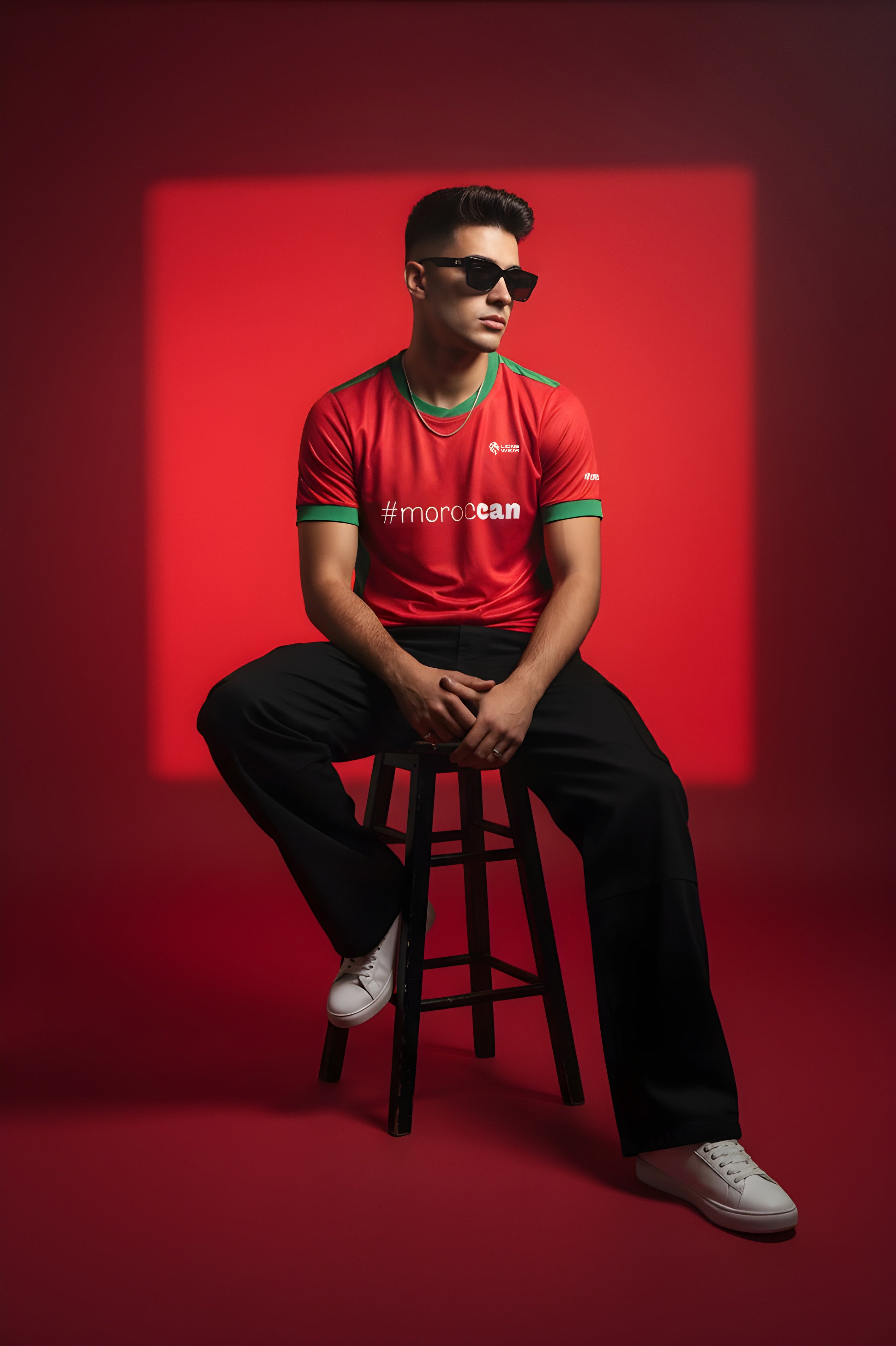 Young Moroccan man wearing the Lions Wear Red Flow #morocCAN jersey, sitting on a stool in a red studio — CAN 2025 supporter fashion.