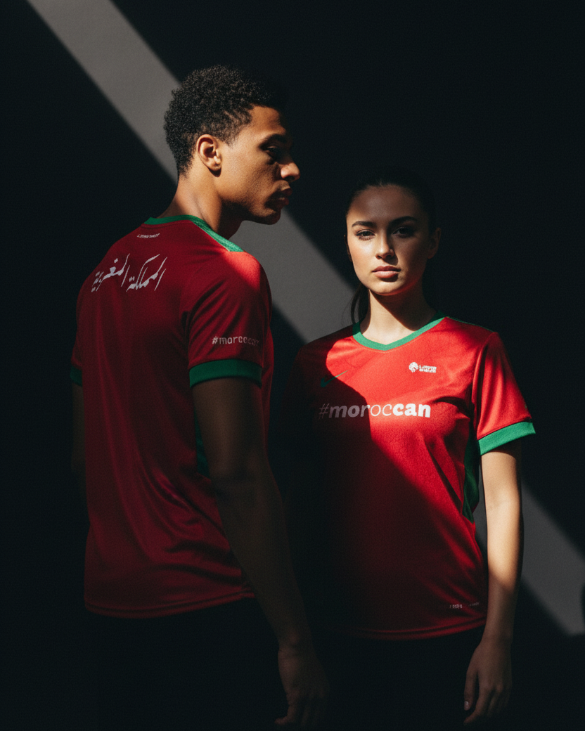 Man and woman wearing Lions Wear Red Flow jerseys, front and back views with Arabic ‘Kingdom of Morocco’, dramatic light — supporter apparel for CAN 2025.