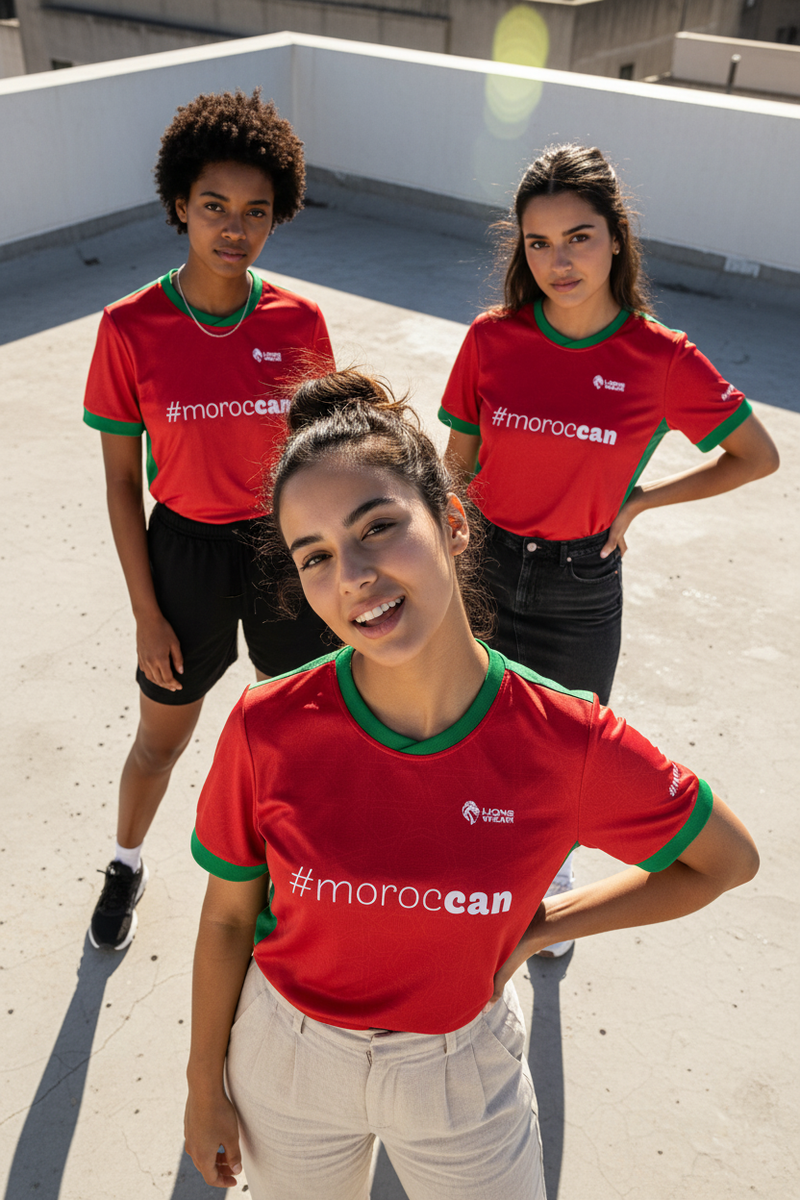 Three Moroccan women wearing Lions Wear Red Flow jerseys with #morocCAN design, rooftop setting, supporter apparel for CAN 2025.