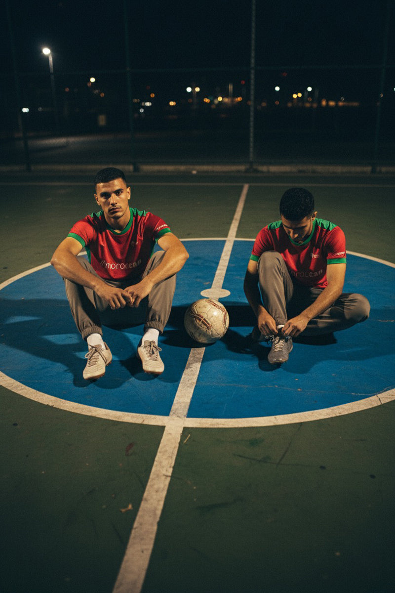 Two Moroccan men wearing Lions Wear Red Flow jerseys sitting on a football court at night, street-football supporter style for CAN 2025.