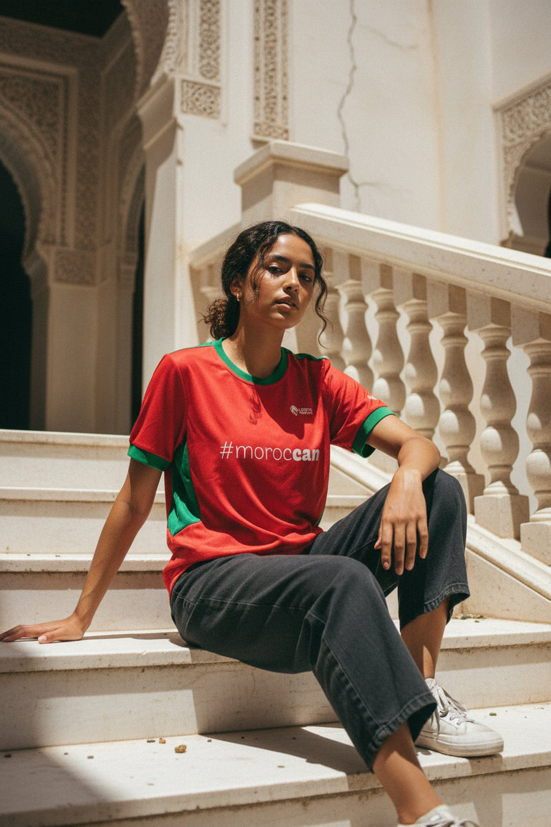 Young Moroccan woman wearing the Lions Wear Red Flow jersey with #morocCAN design, sitting on traditional Moroccan stairs — CAN 2025 supporter style.