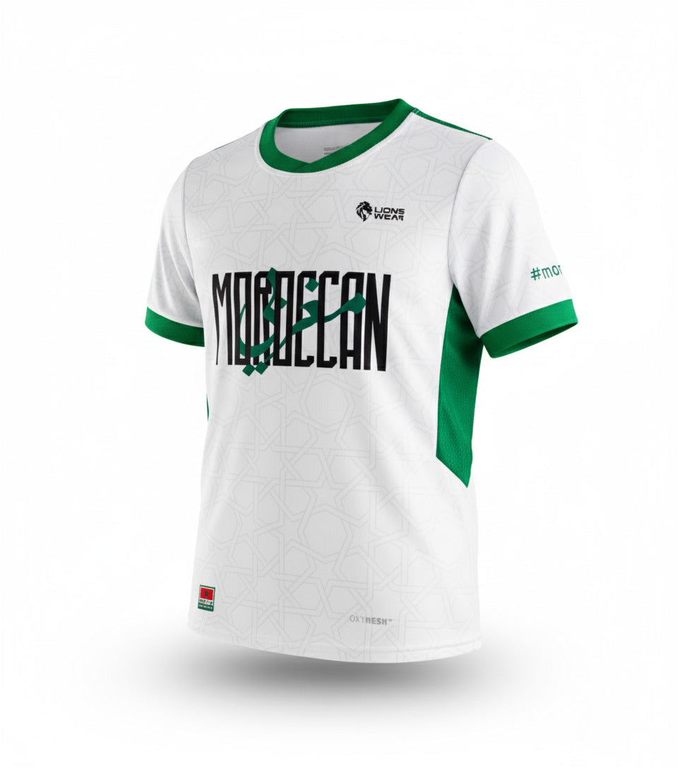 Lions Wear Moroccan AURA white and green football jersey — front view design, CAN 2025 supporter apparel.