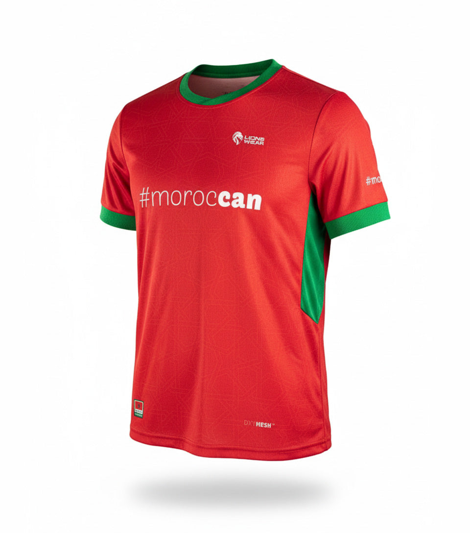 Lions Wear Red Flow red and green football jersey — front view with #morocCAN design, Moroccan supporter apparel for CAN 2025.